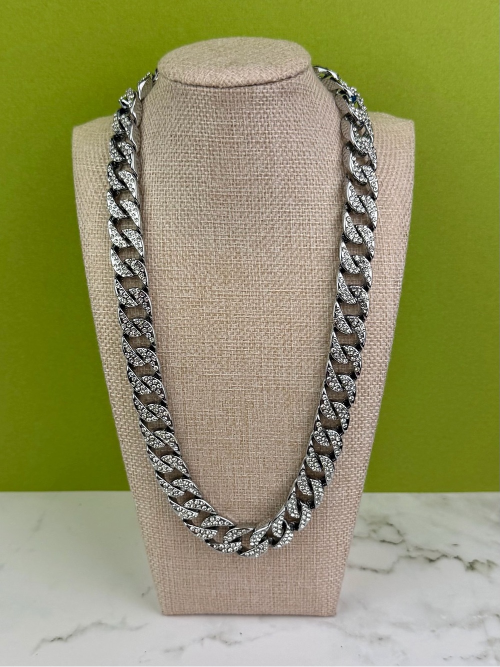 Miami Iced Out Cuban Link Chain - Heavyweight Silver Tone Rhinestone Necklace